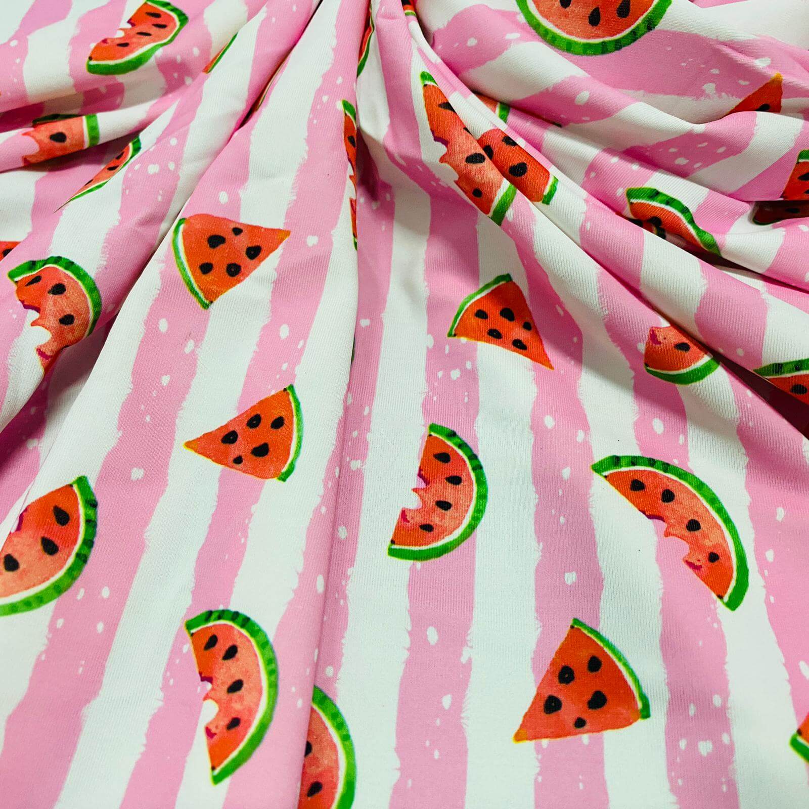 Nylon Lycra Spandex Fabric Pink Watermelon White and Pink Stripes Background Print