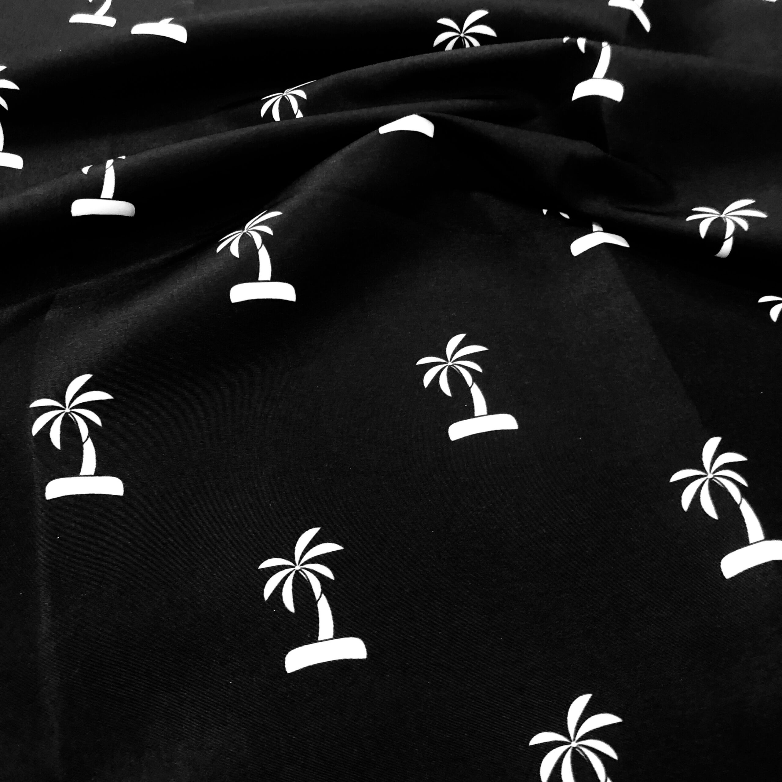 White Palm Tree and Black Background Print Shorts & Swim Trunks Fabric ...