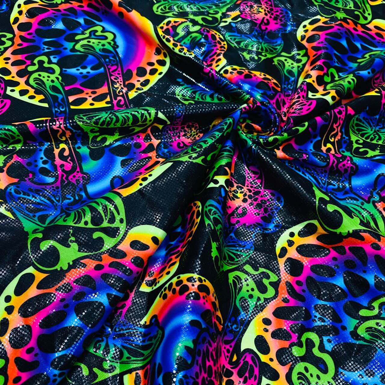 No-Stretch Psychedelic Mushrooms Neon Hologram Foil Print Polyester Spandex  Fabric By Yard for Dress (243-8) Spandex Fabric