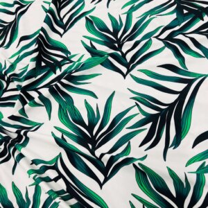 Green Leaves and White Background Print Nylon Lycra Spandex Fabric 4 Way Strech by Yard for swimwear dancewear dress gymwear (204-11)(28)