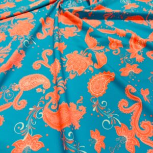 Orange Paisley with Blue Background Print Nylon Spandex Fabric 4 Way Stretch for swimwear dancewear gymwear sportwear dress skirt (21)