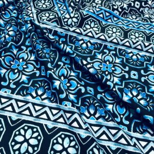 Neon Blue Mandala Print Nylon Spandex Fabric 4 Way Stretch for swimwear dancewear gymwear sportwear dress skirt