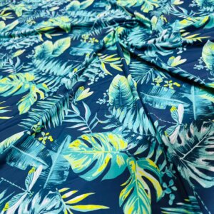 Neon Blue Leaves with Yellow print Nylon Spandex Fabric 4 Way Strech by Yard for swimwear dancewear dress gymwear (159-5)(40)