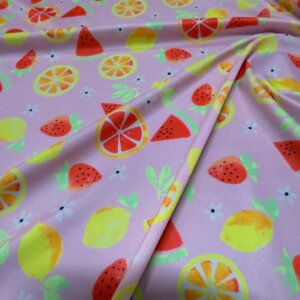 Strawberries and Orange with Purple Background print  Nylon Lycra Spandex Fabric 4 Way Stretch By Yard(33) (159-3)